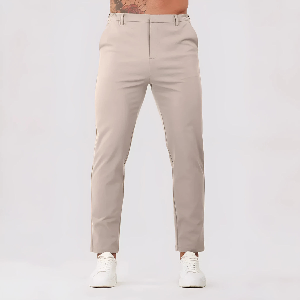 Men's solid colour suit trousers in mid waist, straight leg, small feet opening, polyester blend, available in five colours.