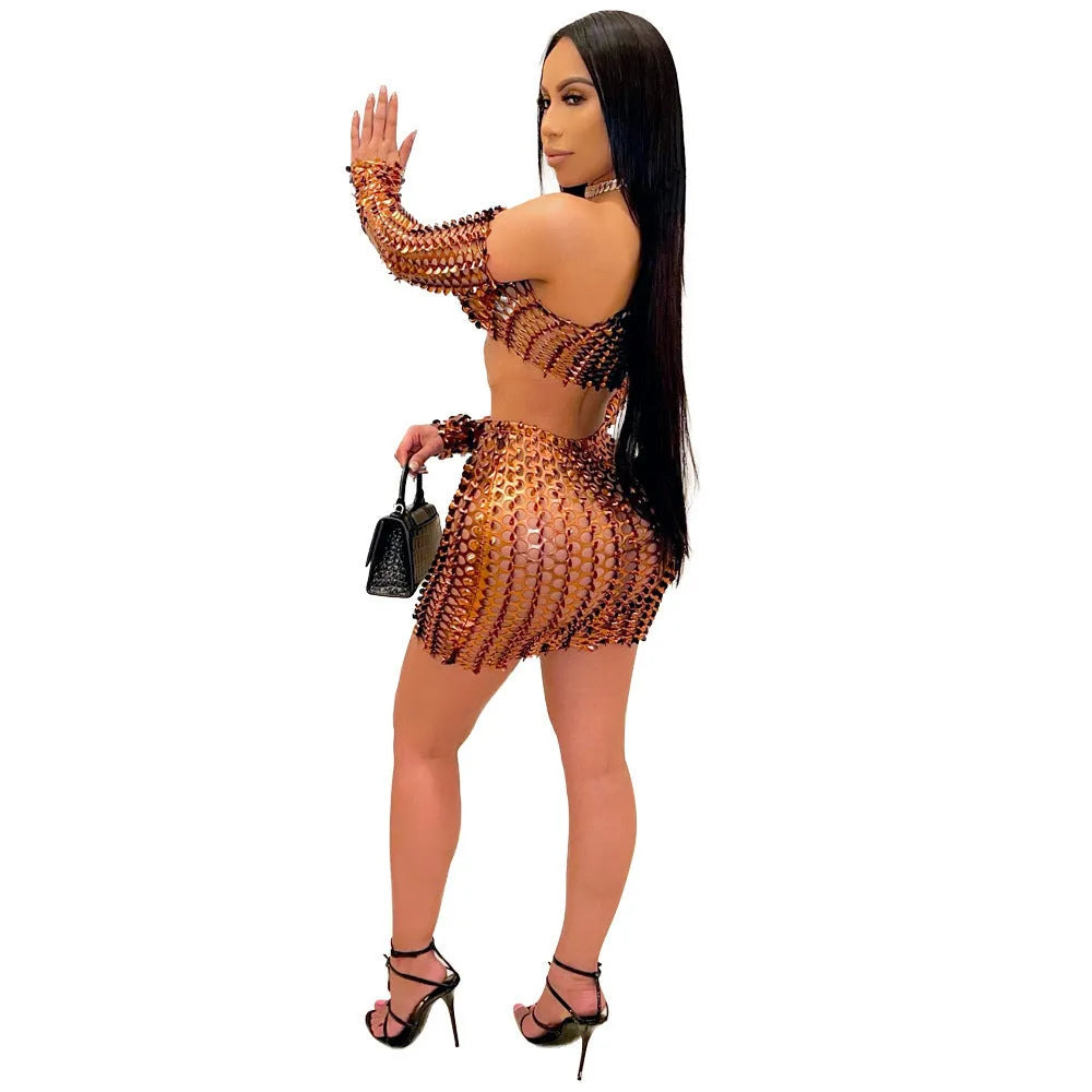 Women's black hollow-out net sleeveless top and short skirt two-piece dress set on a hanger