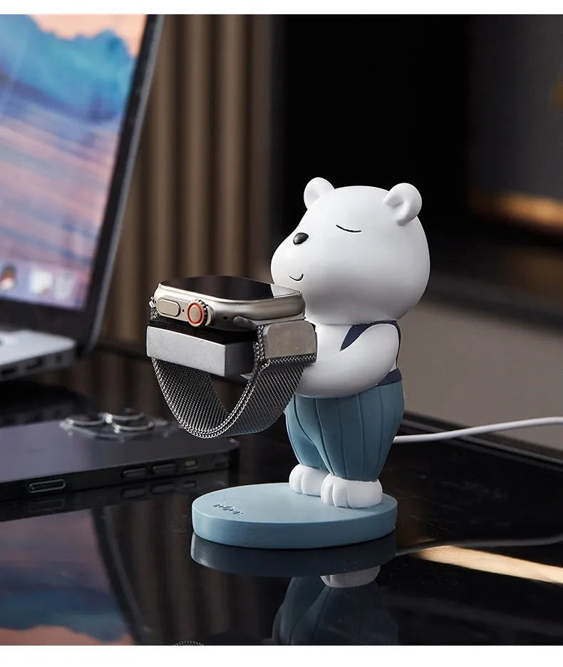 Cartoon baby bear resin watch charger bracket with square support base for bedside table or desk