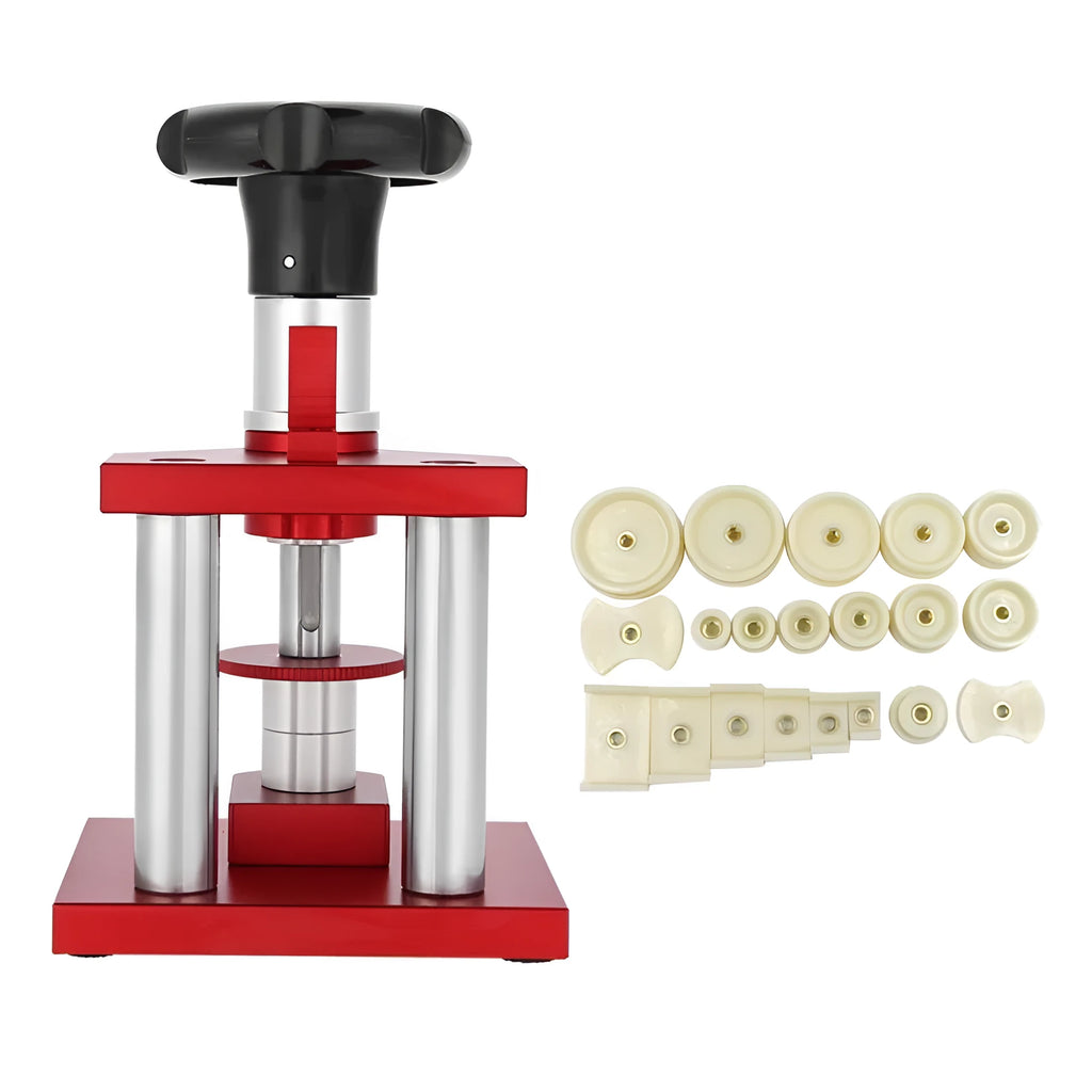 Spiral watch back cover presser tool with a set of 20 plastic moulds for case sealing