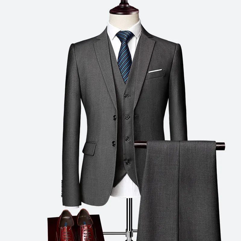 Men's three-piece slim-fit suit set showing jacket, trousers, and waistcoat in multicolour options including black, grey, and navy