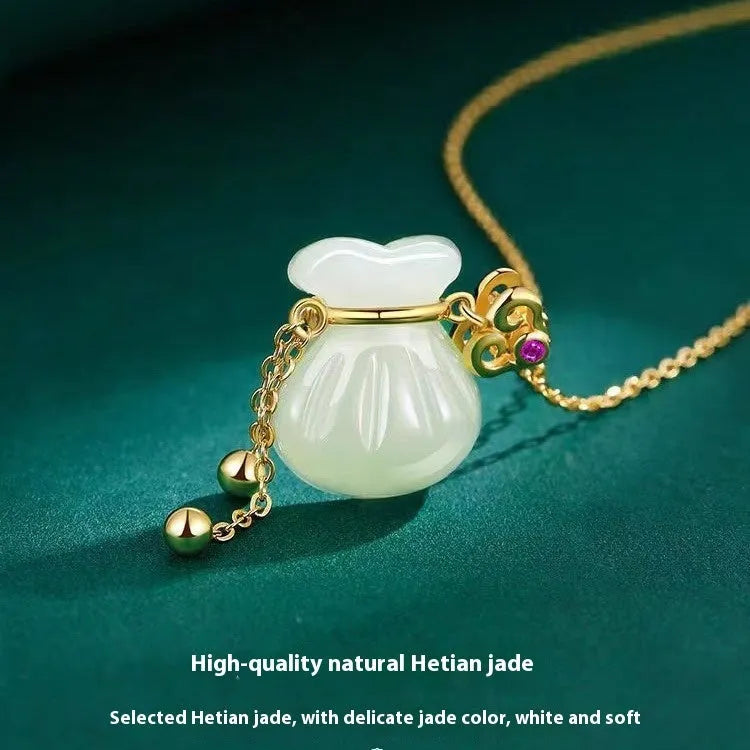 Silver plated money bag pendant with red dot tassel purse on an alloy necklace, national style lucky bag charm