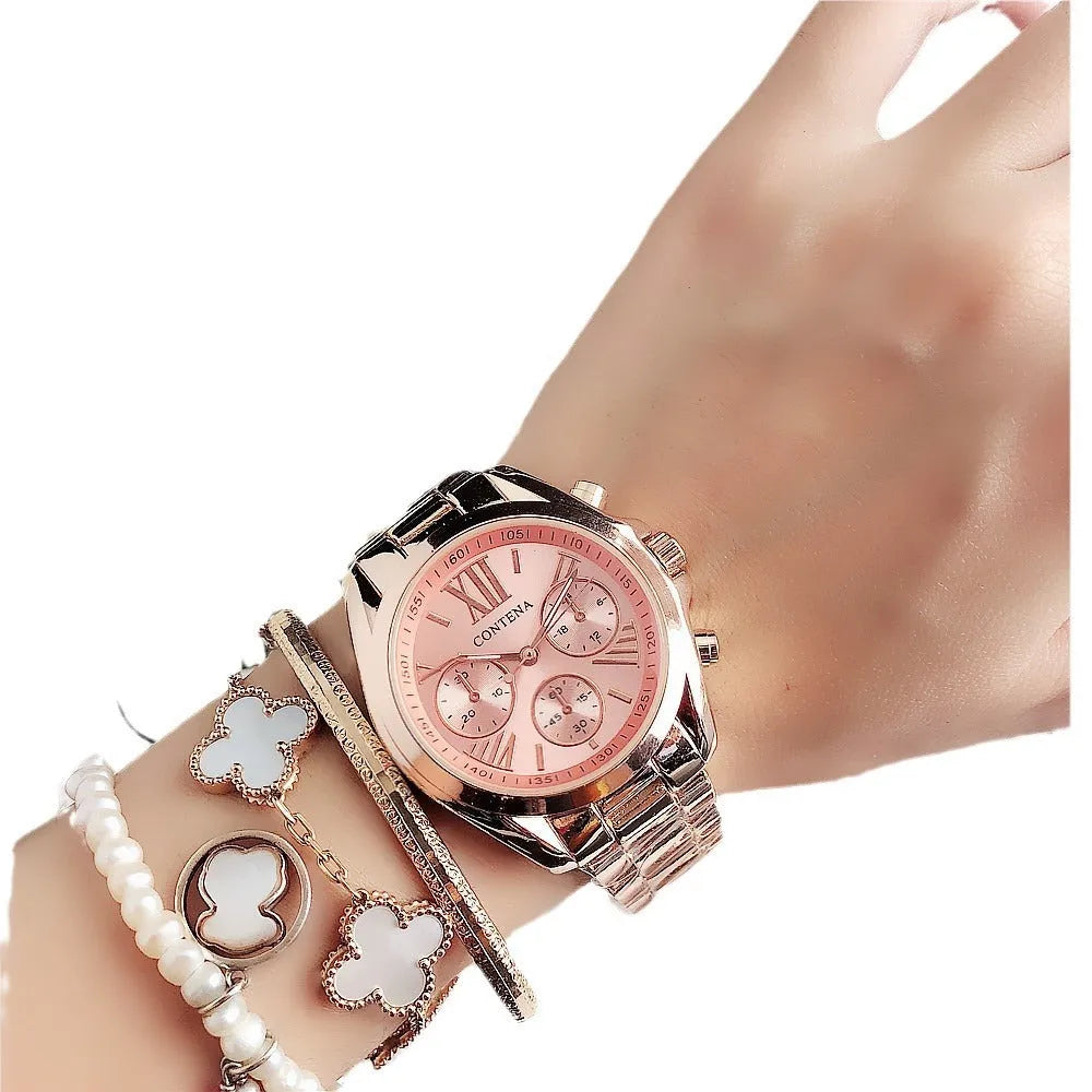Women's quartz watch with metal mesh strap and crystal-accented dial in rose gold
