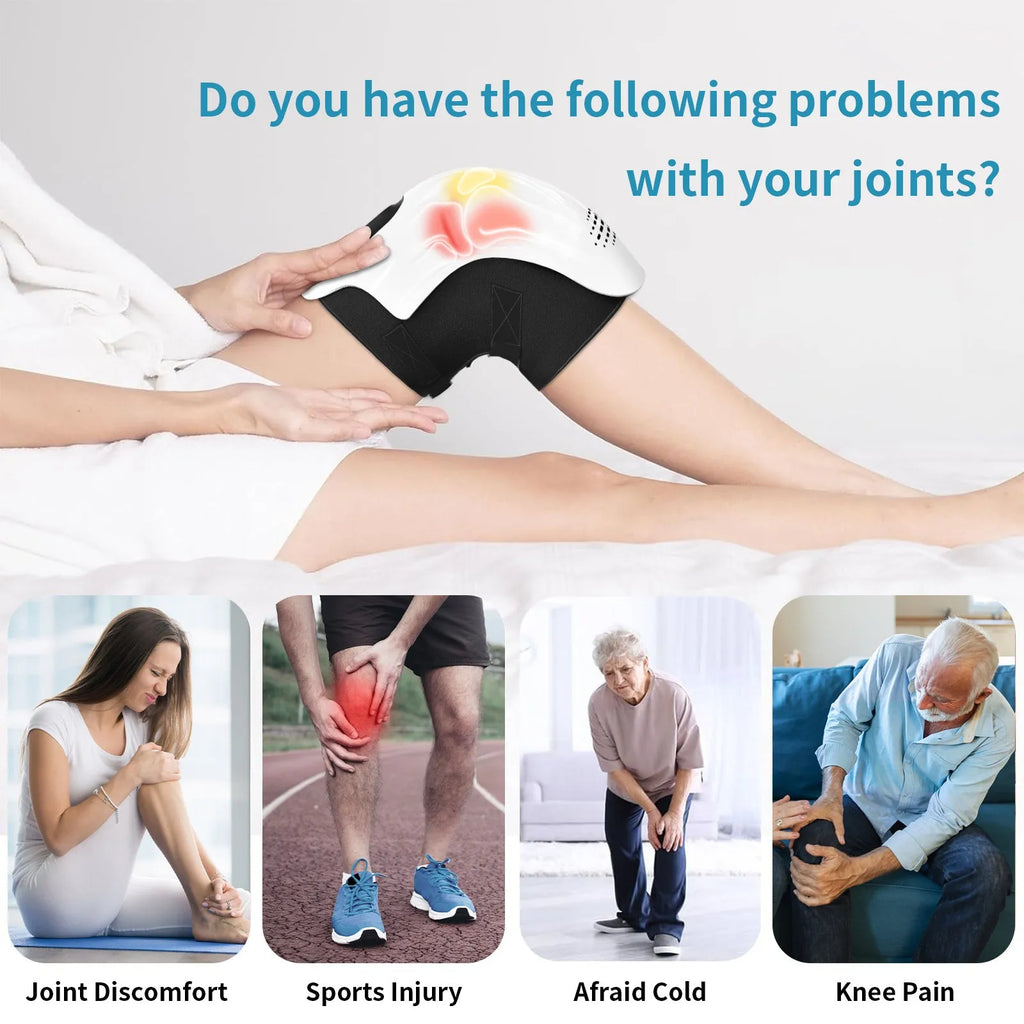 White electric knee massager with adjustable straps showing infrared heating and kneading mechanisms