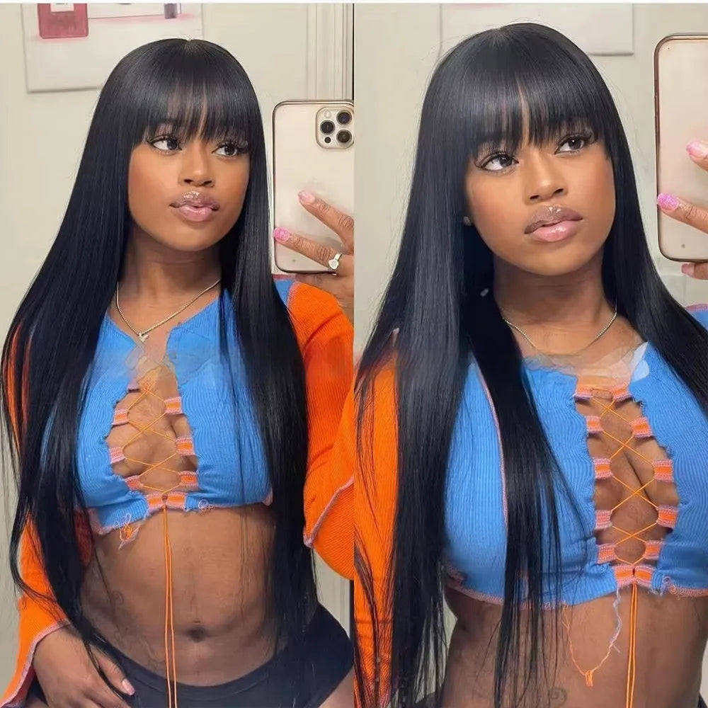 A woman wearing a long, natural-coloured human hair wig with a full-mechanism headgear base.