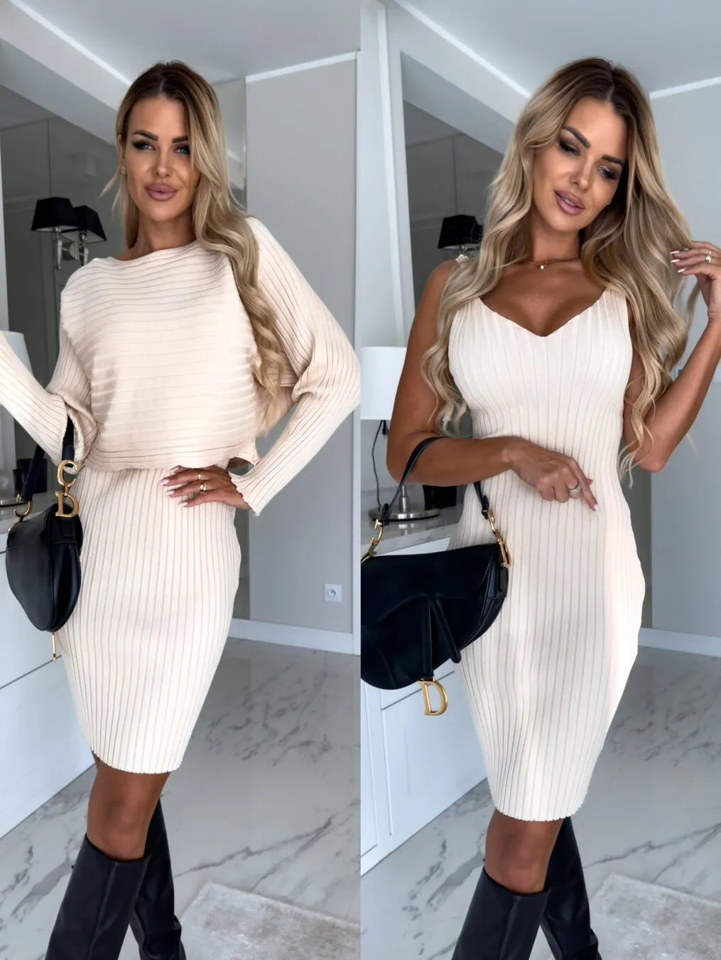Women's two-piece set: long-sleeved stripe top and tight suspender skirt in polyester, mid-length, casual style.