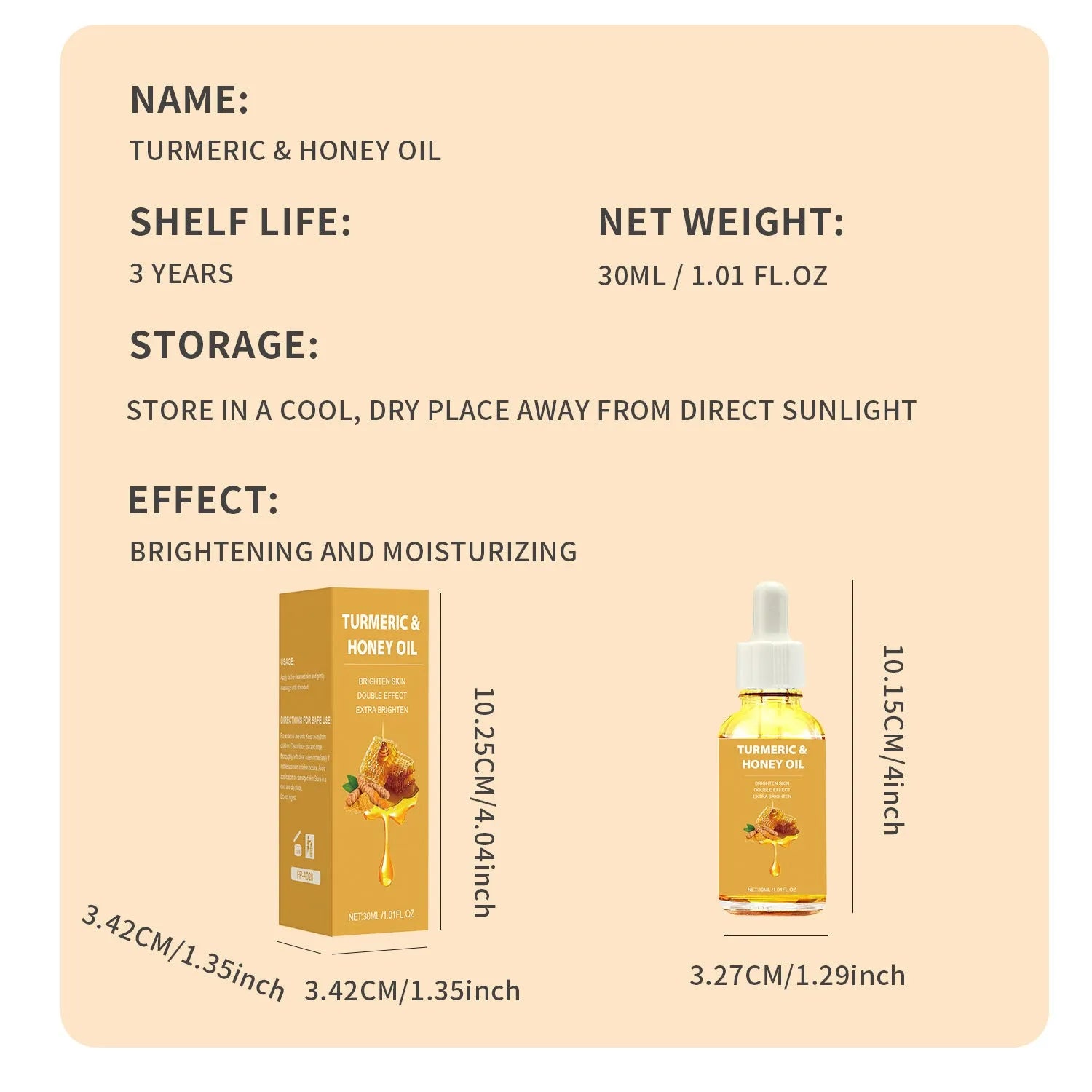 30ml bottle of turmeric honey essential oil with neutral packaging for facial beauty application