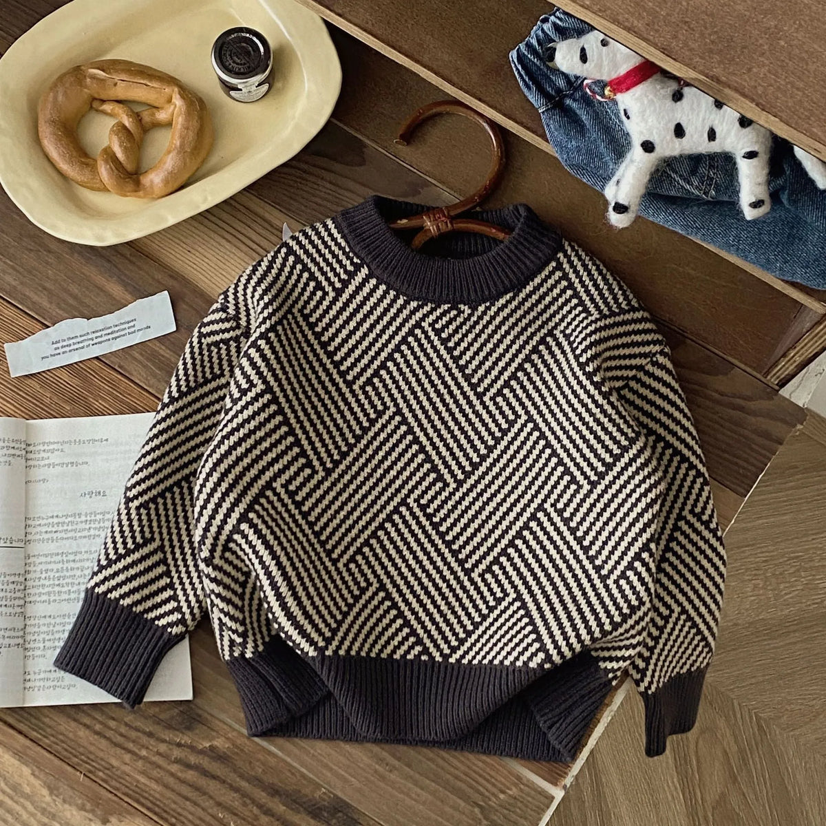 Dark gray striped children's pullover sweater in acrylic knit, sizes 90cm to 140cm