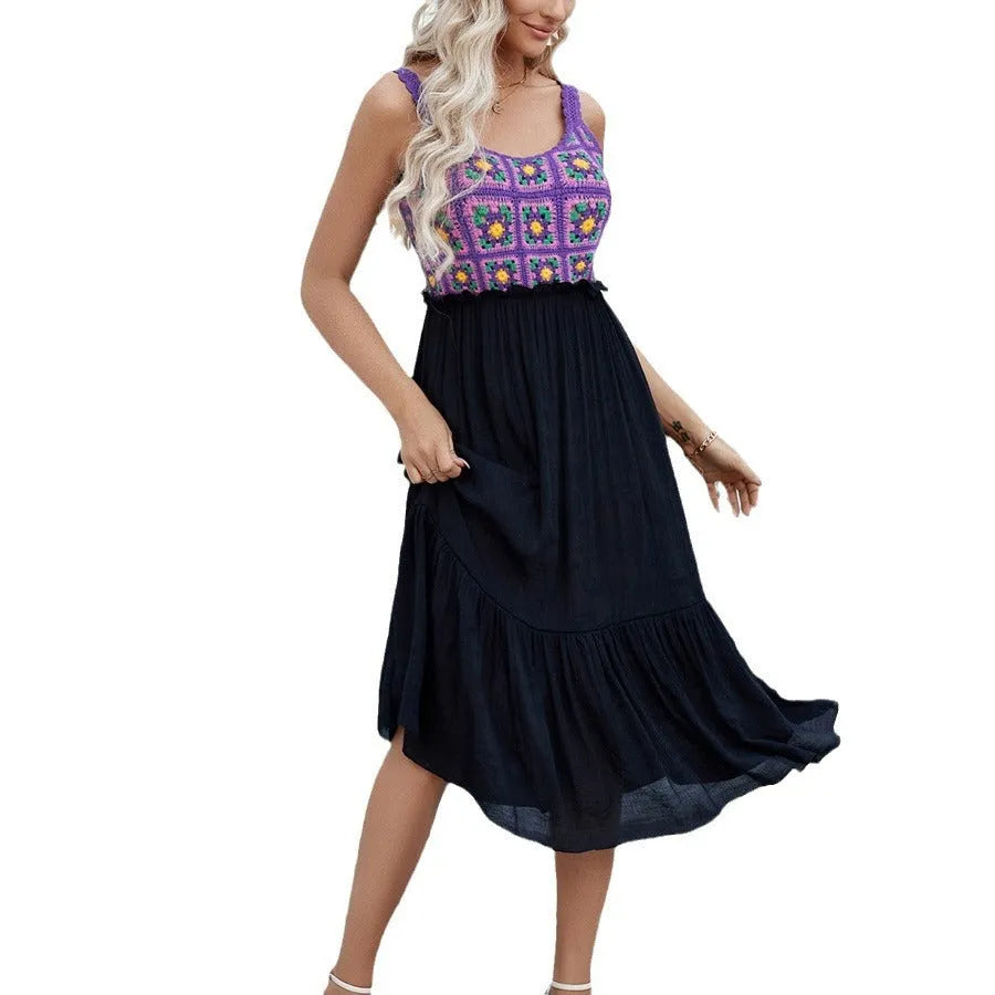 Purple sleeveless dress with hand hook flower stitching embroidery, cotton blend and acrylic fabric construction