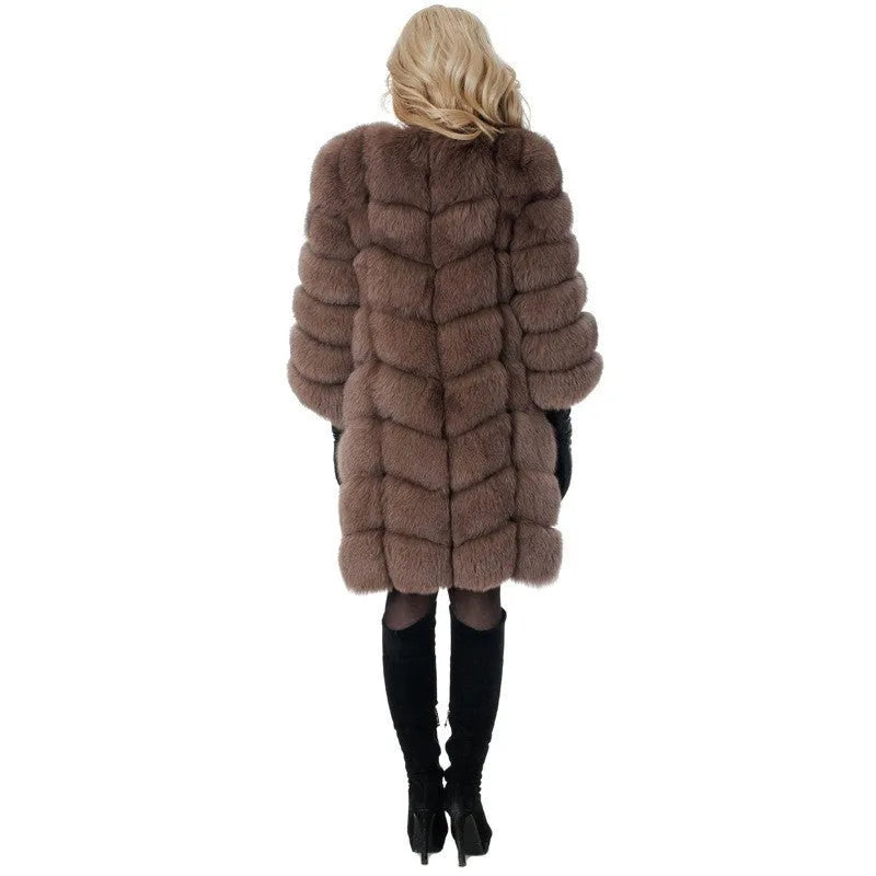Women's long artificial fur coat in wine red colour showing full 80cm length