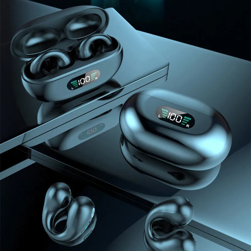 Q80 bone conduction Bluetooth headset ear clip in black with power display
