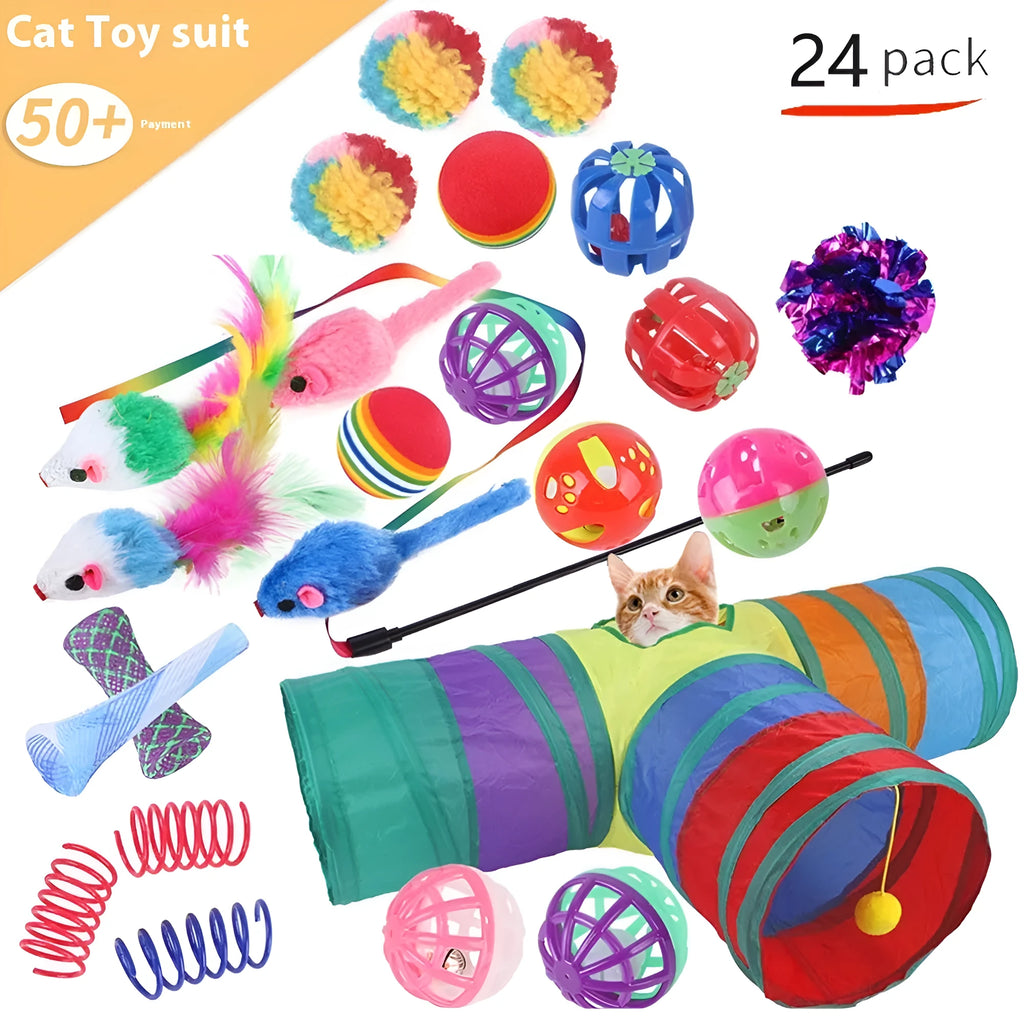 Plastic cat tunnel tube toy in an assorted colour with random accessories for feline play.