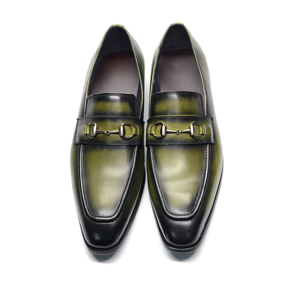 Men's cowhide leather slip-on shoes with pointed toe, low horseshoe heel, plaid print, green or black