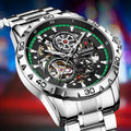 Silver men's automatic watch with hollow-out dial showing mechanics, luminous markers, and a blue stainless steel strap.
