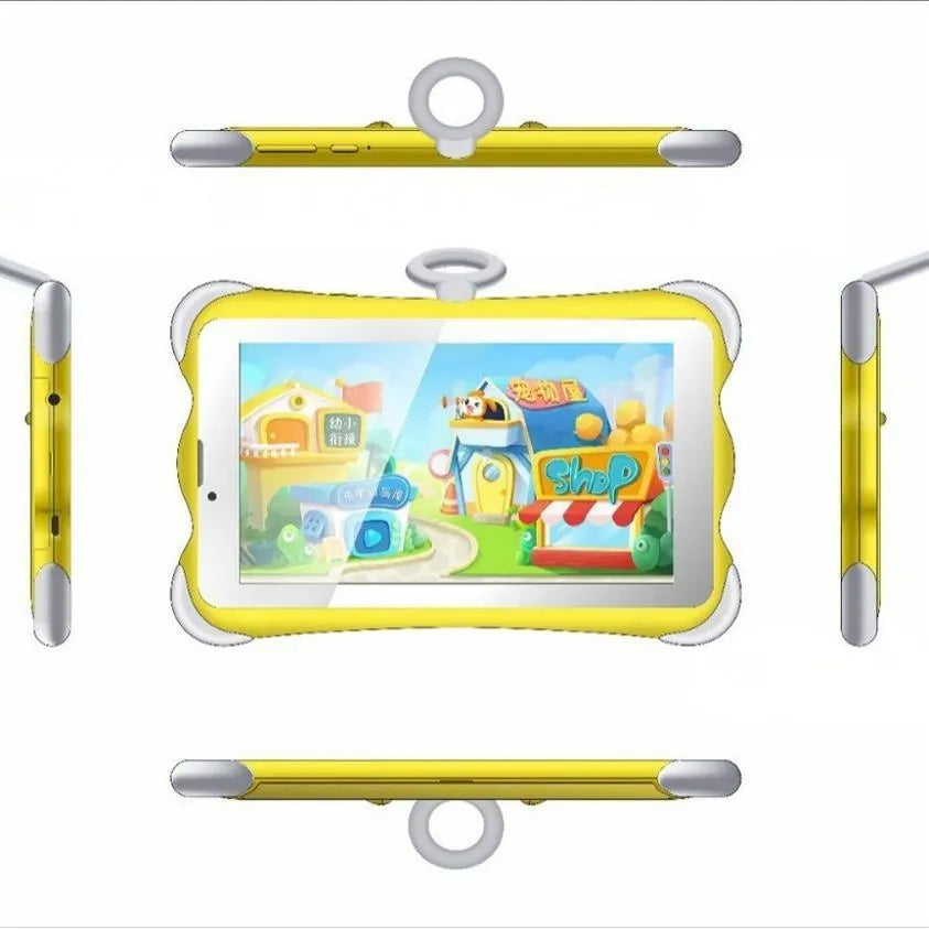 7-inch children's learning tablet with stand showing cartoon colour options and 3G calling feature