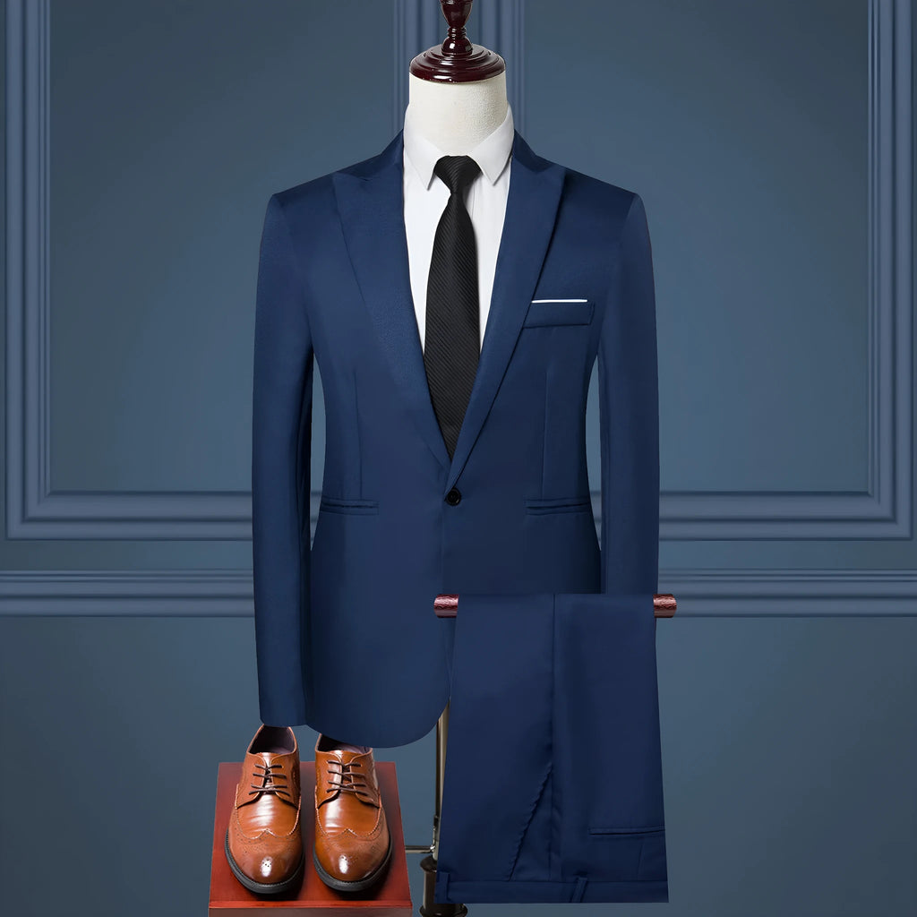 Men's solid colour two-piece leisure suit set with matching coat and trousers, polyester, sizes M to 5XL