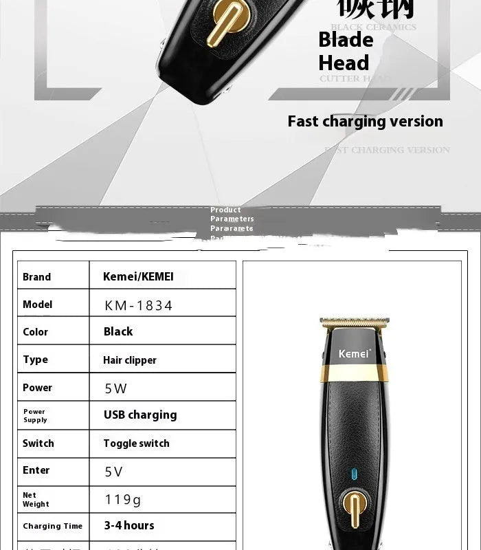 KM1834 rechargeable electric hair clipper with USB cable, lubricant, brush and five limit combs