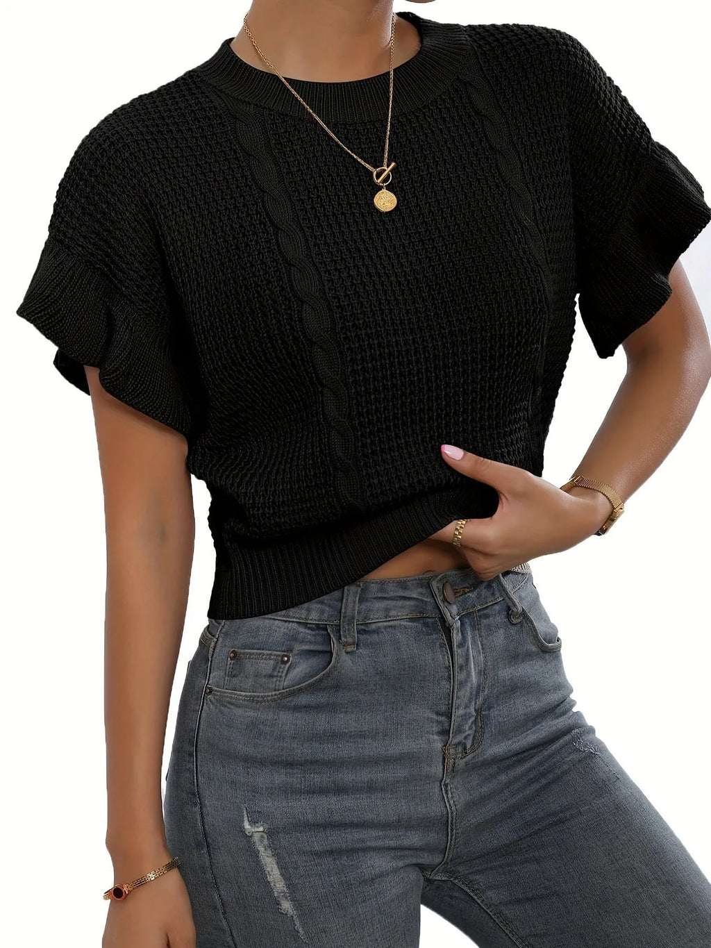 Women's twisted string design knitted pullover with ruffled short sleeves in loose Japanese Korean casual style