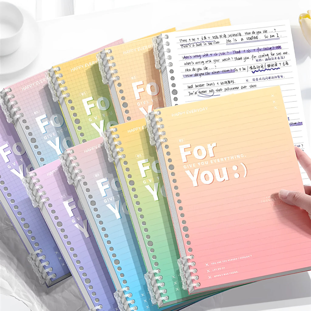 Gradient colour removable coil notebook in green, blue, pink, and purple with A4 and B5 size options