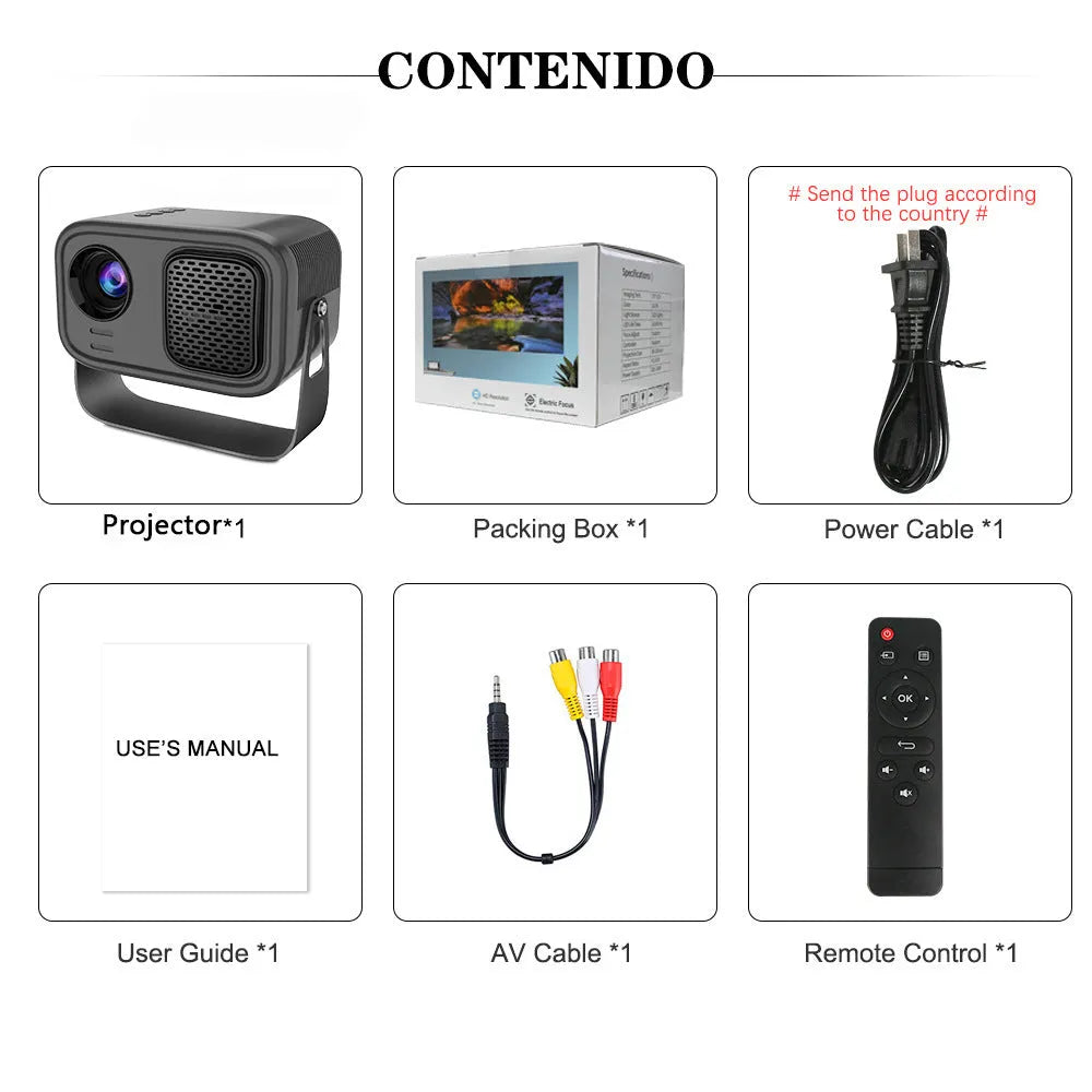 Black portable smart projector with Android system, remote control, and power cables