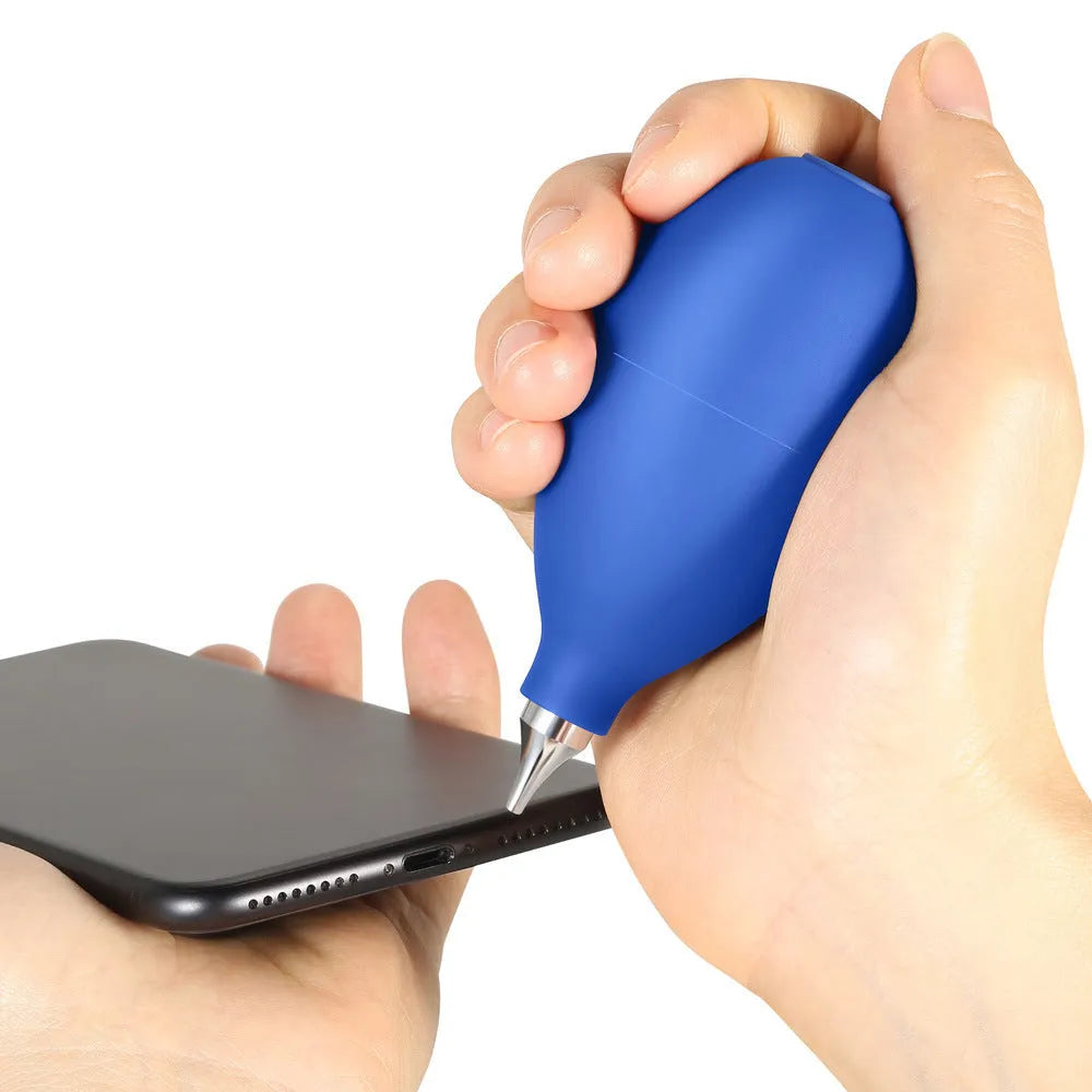 Blue handheld rubber dust removal blower tool for cleaning cameras and phones on a white background.