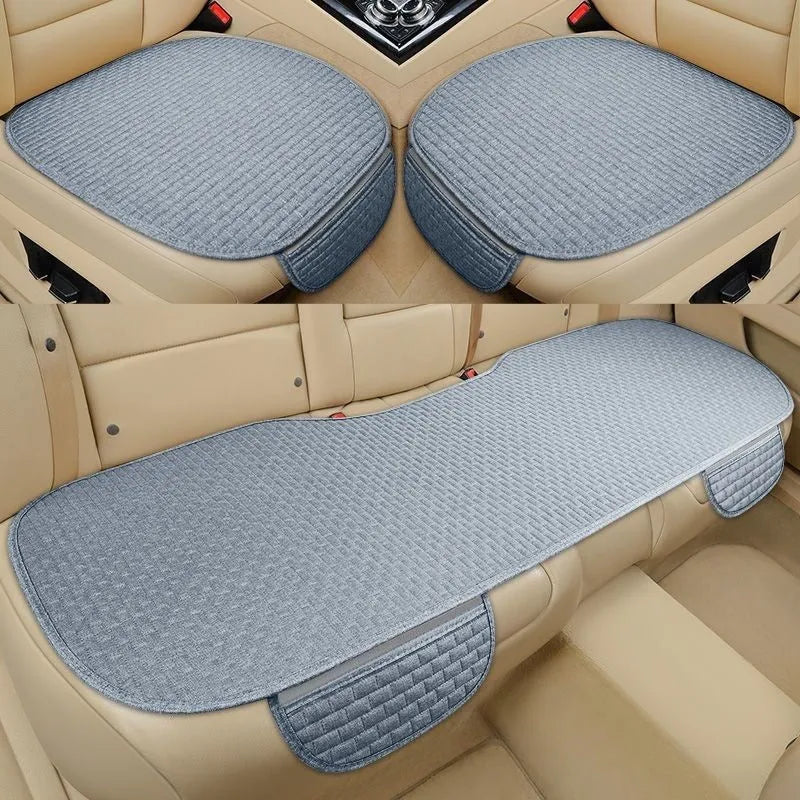 Linen car cushion set showing classic black and red, coffee, and cream colour options with hemming edge detail