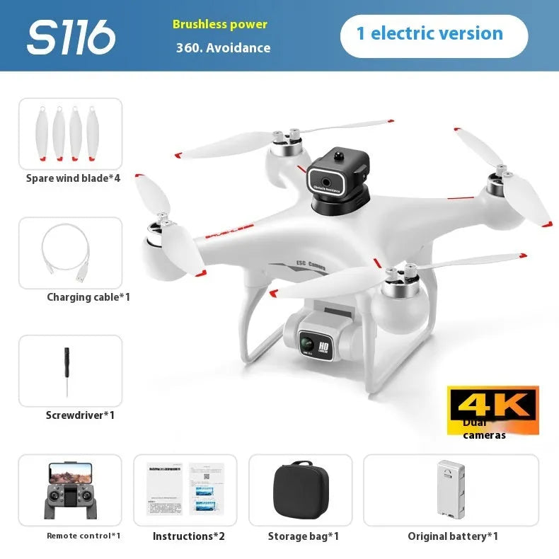 Black S116 brushless toy UAV drone with four propellers, shown with its remote control.