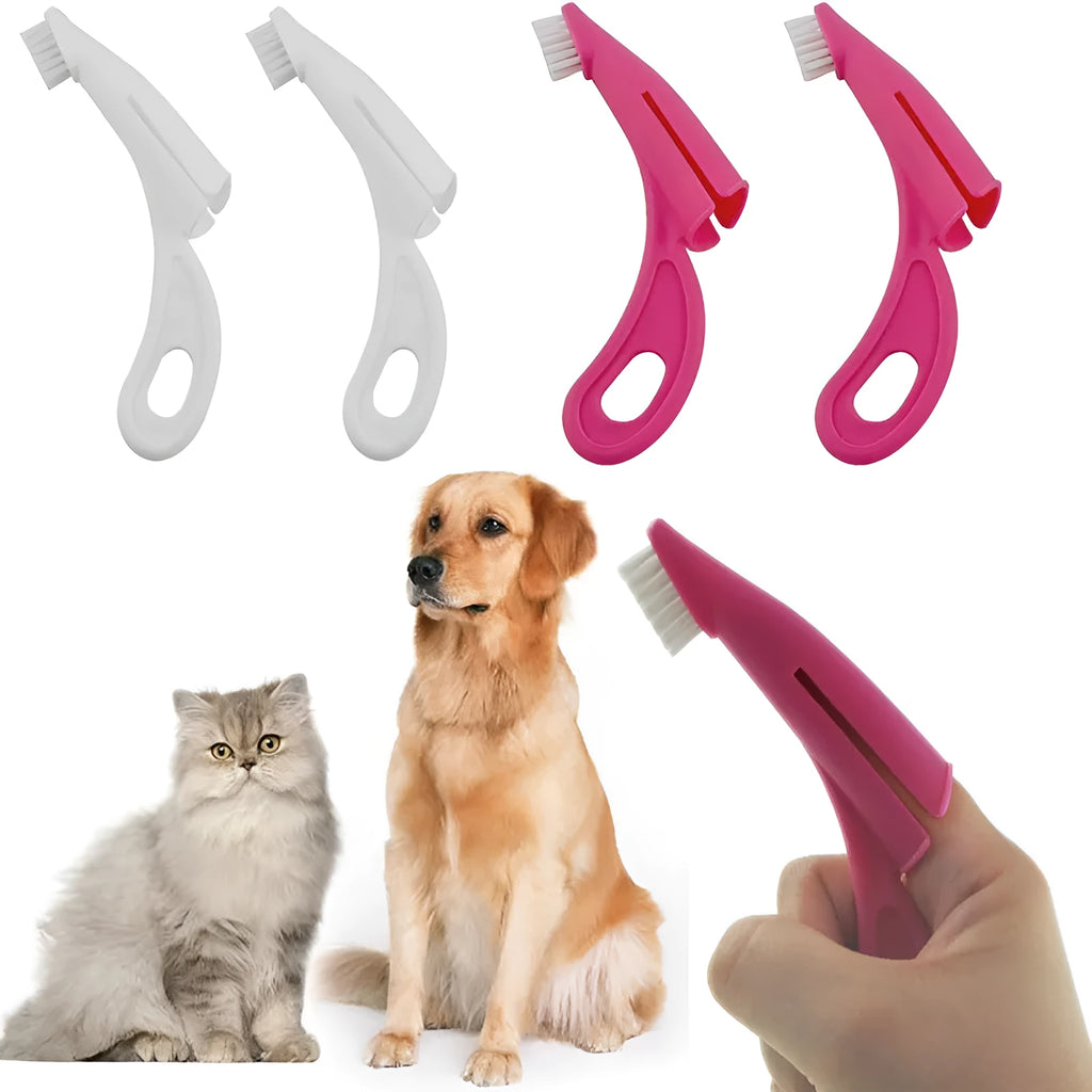 Red and white finger toothbrushes for pet dental cleaning with silicone bristles