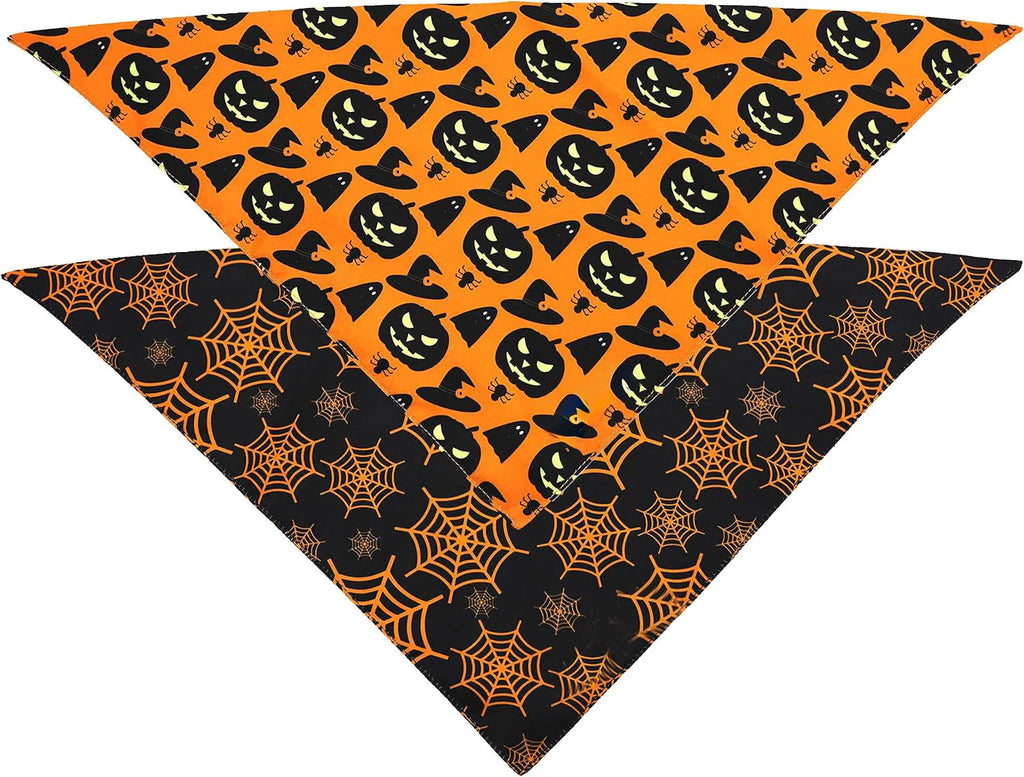 Black and orange reversible Halloween dog bandana showing pumpkin and spider web patterns with adjustable neck closure