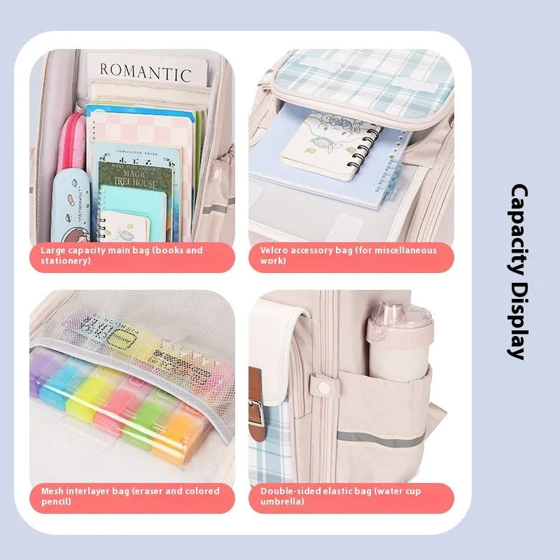 Oxford cloth student schoolbag in multiple colour options including navy blue, pink, green, and beige variants