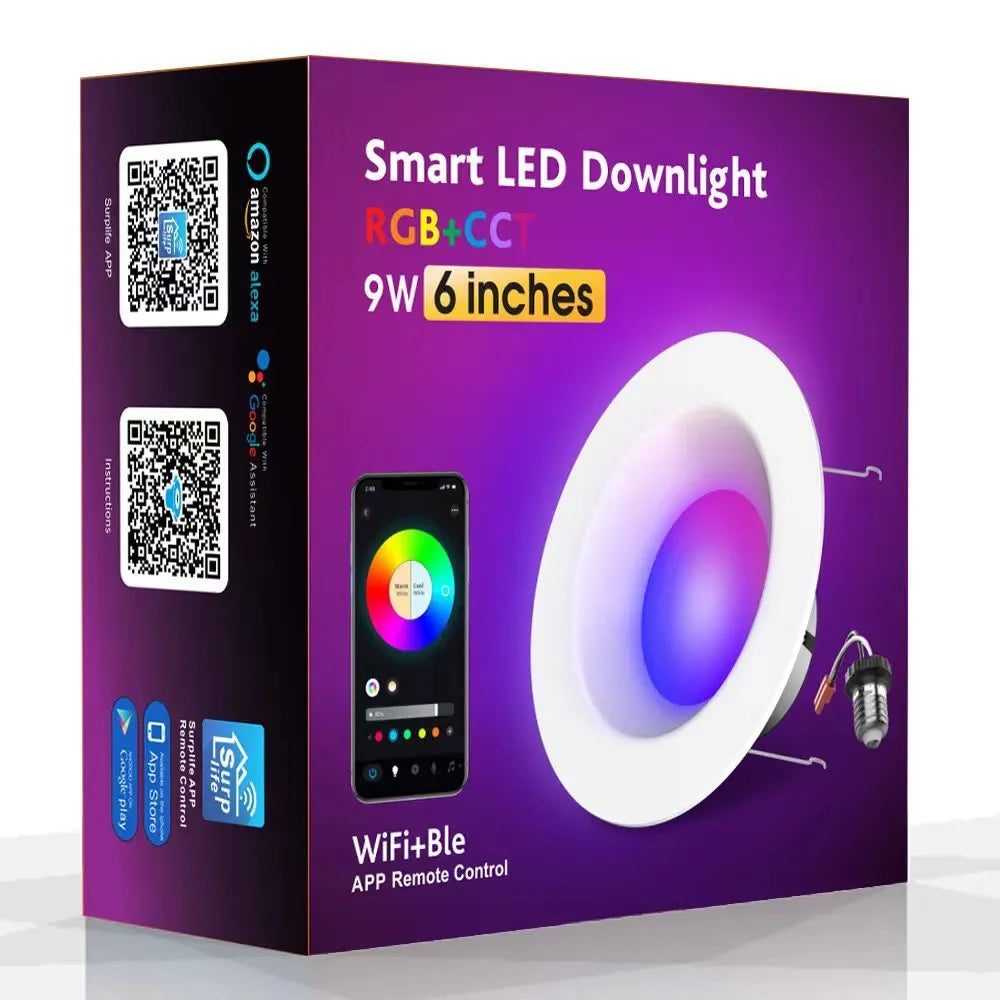 Smart WiFi Bluetooth RGBW colour changing ceiling lamp with E26 cap and aluminium housing.