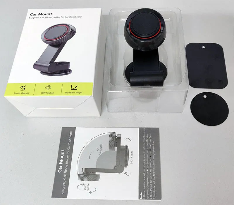Black 360-degree rotating magnetic car phone holder with extendable arm on dashboard
