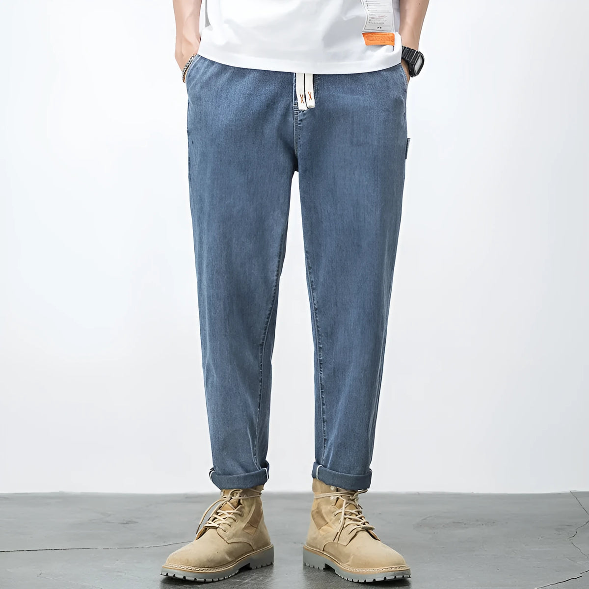 Men's loose fit plus size jeans with elastic mid waist, thin cotton denim, blue or black, sizes L to 7XL