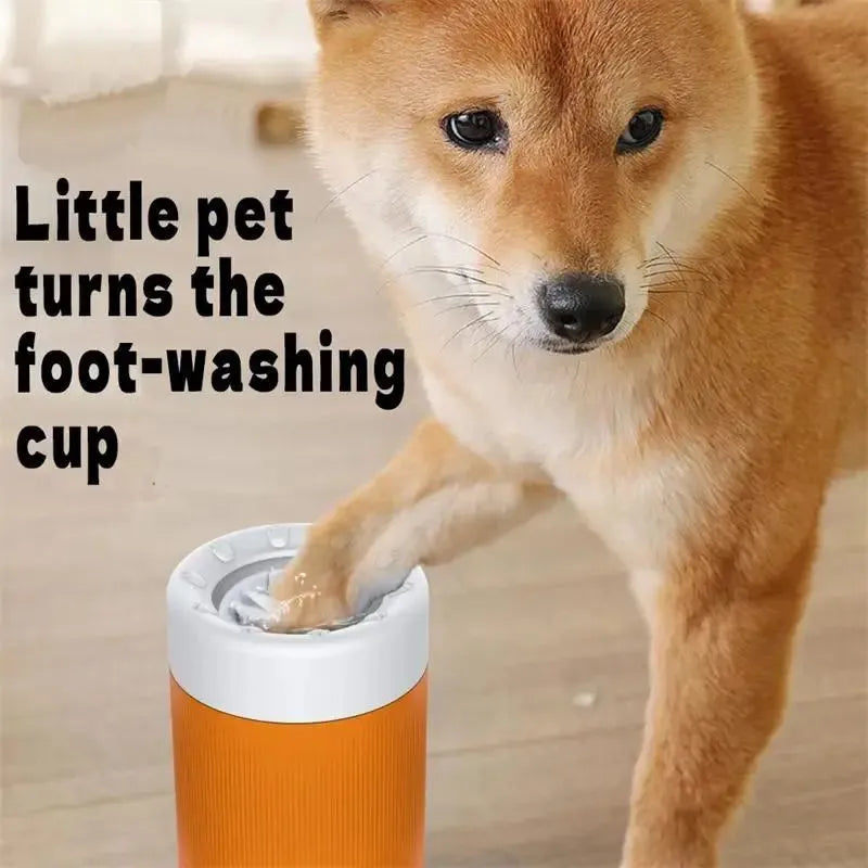Semi-automatic pet foot washing cup in grey or orange, 14.5cm ABS paw cleaner with inner brush roller