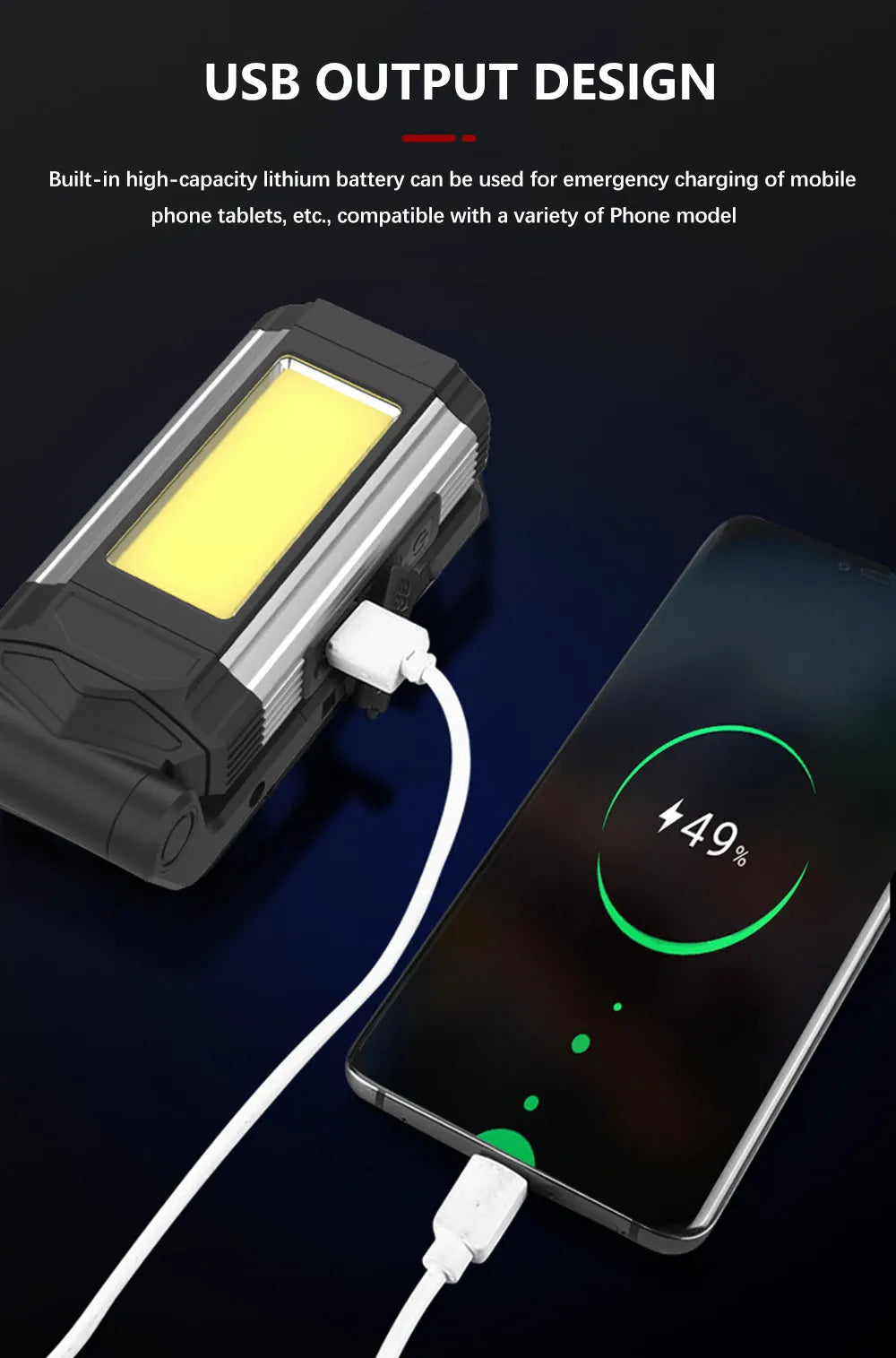 Rechargeable 10W COB LED work light with 360-degree rotation in red or silver, for auto repair and camping.