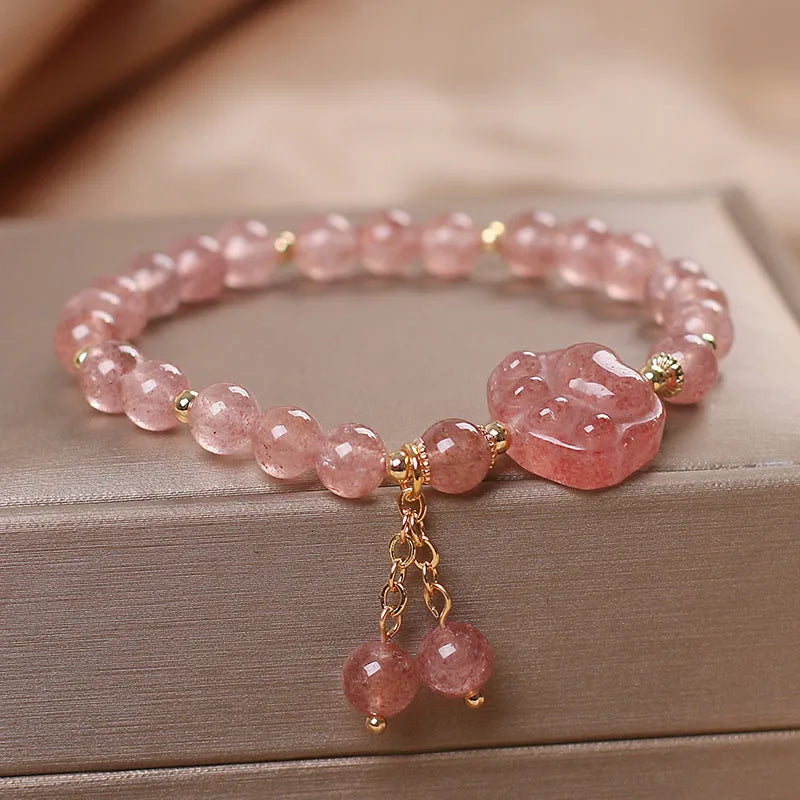 Women's double-layer strawberry quartz crystal bracelet with a Lucky Cat charm in red cat's eye flowers colour.