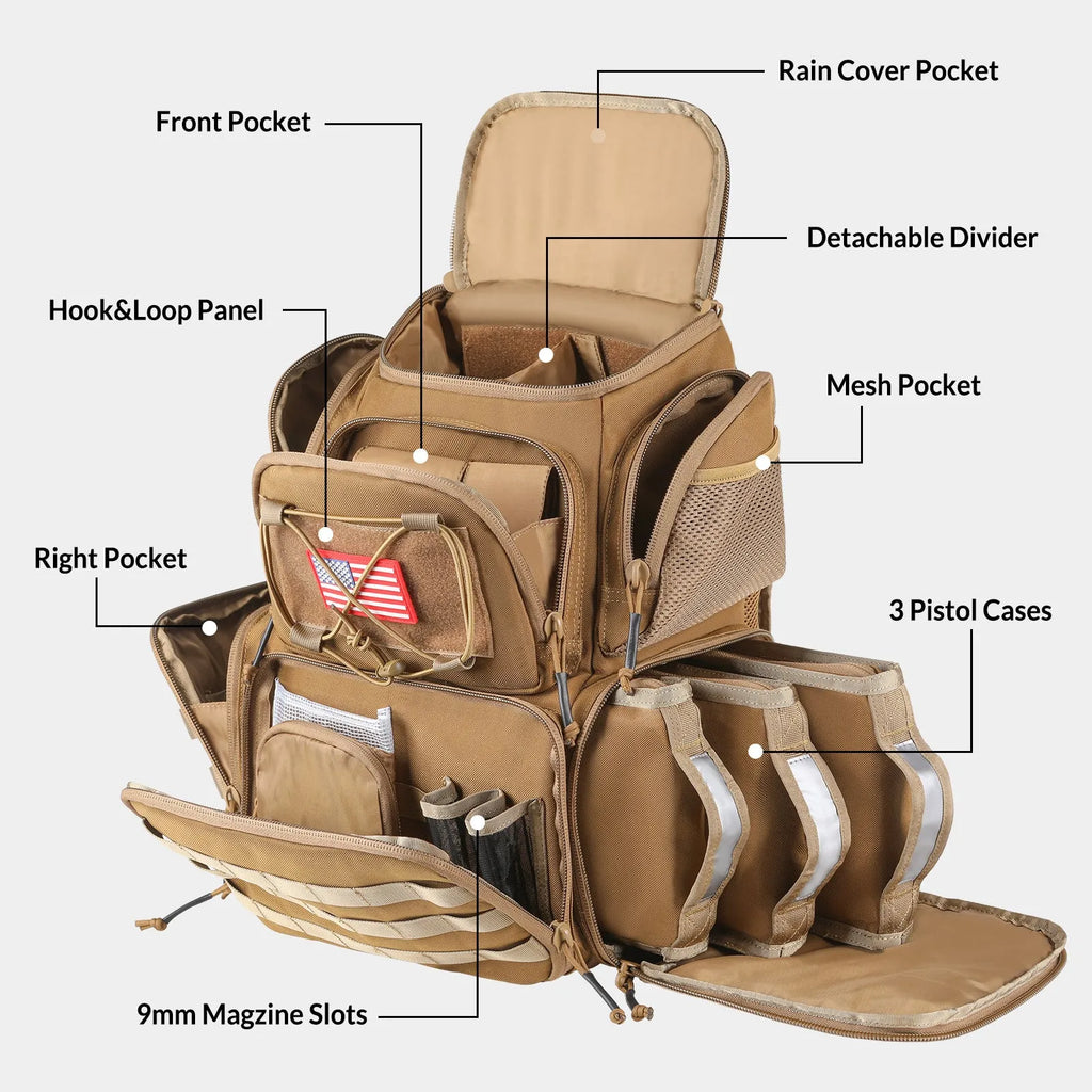 Large capacity polyester tactical backpack, 38x23x46cm, 36-55L, black and gray brown, curved shoulder strap