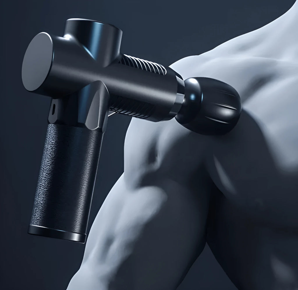 Black USB fascia gun made of silicone and ABS, colour box size 21x18x4.8cm, muscle massage device