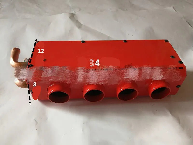 Metal car heater unit with long small four-hole copper pipe connections for 12V 24V vehicles.