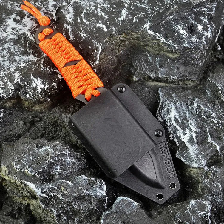 Outdoor camping rope knife with 80mm 5Cr15 steel blade, binding rope handle, and ABS sheath