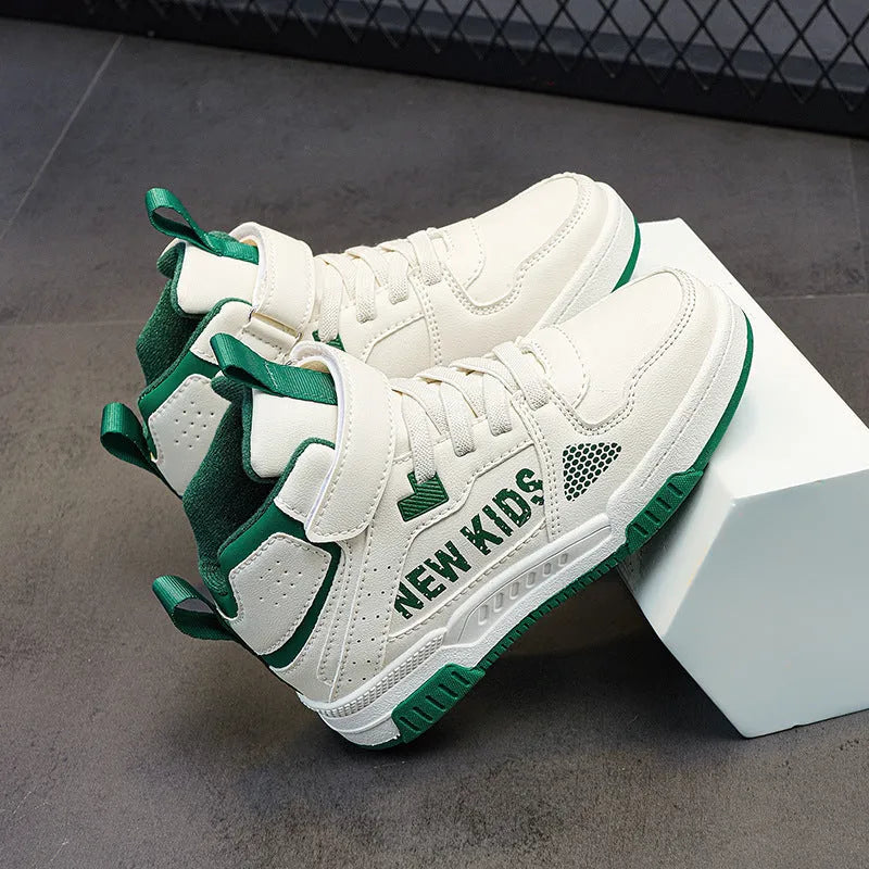Children's street sneakers in beige green with a buckle fastener and rubber sole.