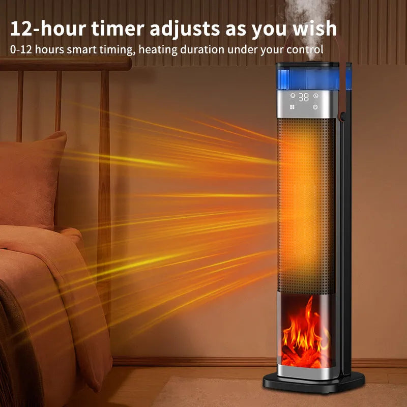 Tall white vertical PTC heater with humidification function and remote control standing in a living room corner
