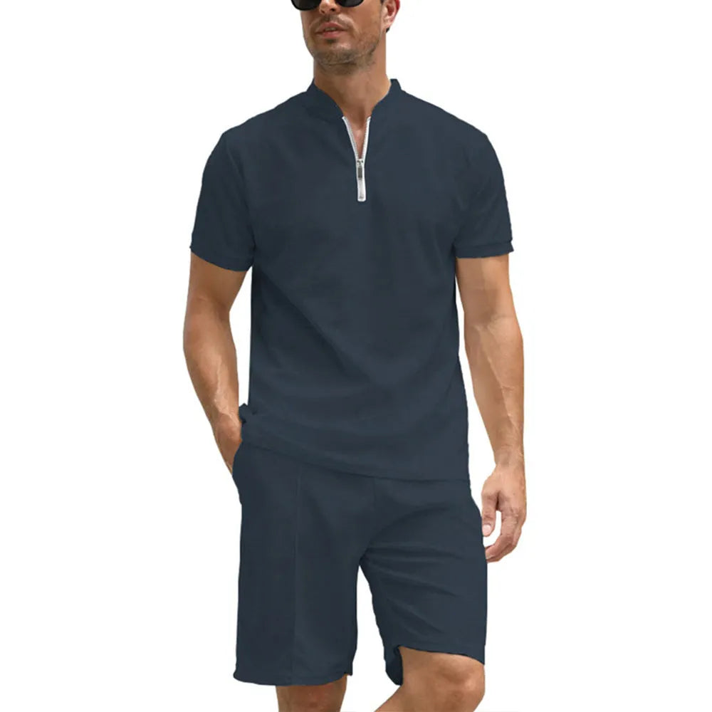 Men's solid colour polo shirt and shorts set in beaded bird's eye polyester fabric