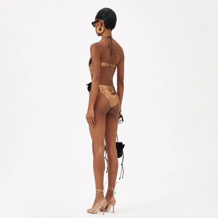 Gold handmade one-piece swimsuit with hollow out halter neck design