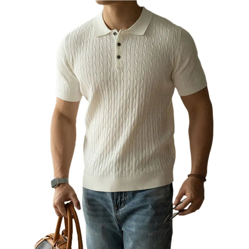 Men's short sleeve business top in khaki, black, and white with polyester wool blend fabric