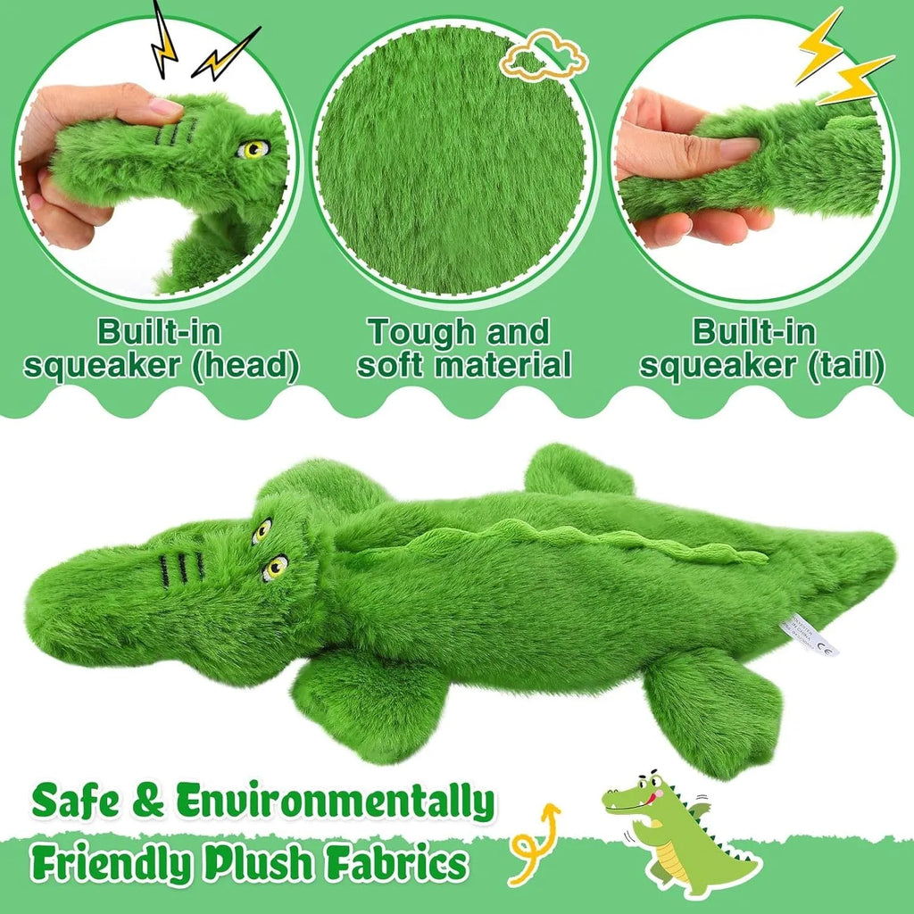 Green plush crocodile dog toy with no stuffing, featuring squeaker in head and crinkle paper in tail