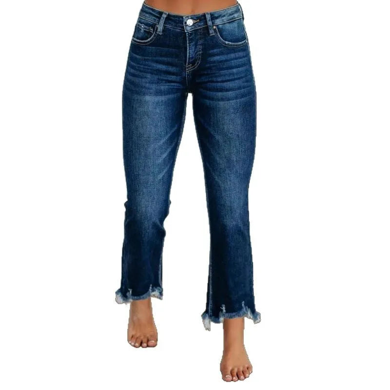 Women's solid colour denim pants with hand-worn finish in dark blue and light blue options
