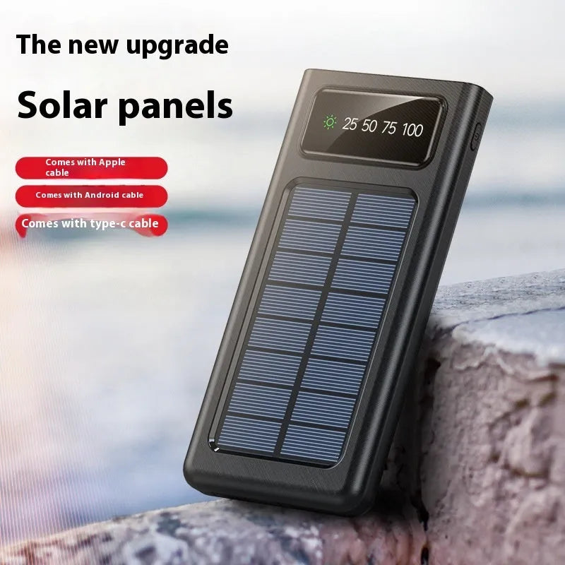 Solar power bank with cable showing 20000mAh capacity and compact plastic design