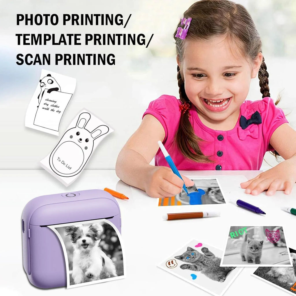 Portable Bluetooth thermal printer in beige, 85 x 35 x 80mm, for home label printing