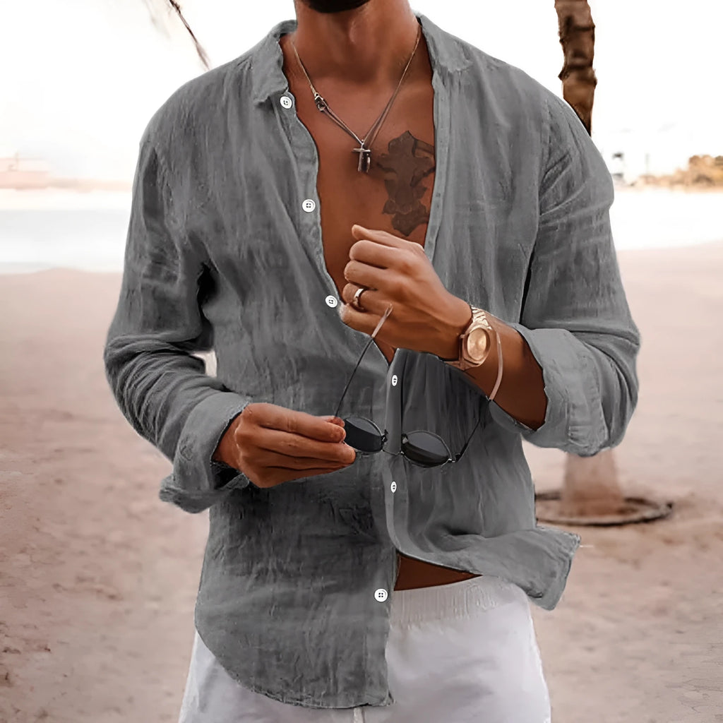 Men's casual cotton linen long sleeve shirt in sky blue with loose fit and lapel collar